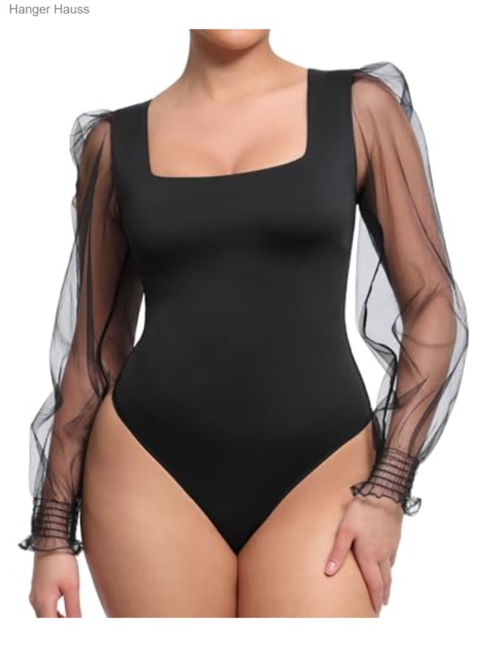 Long Sleeve Bodysuit Square Neck Tummy Control Shapewear Thong